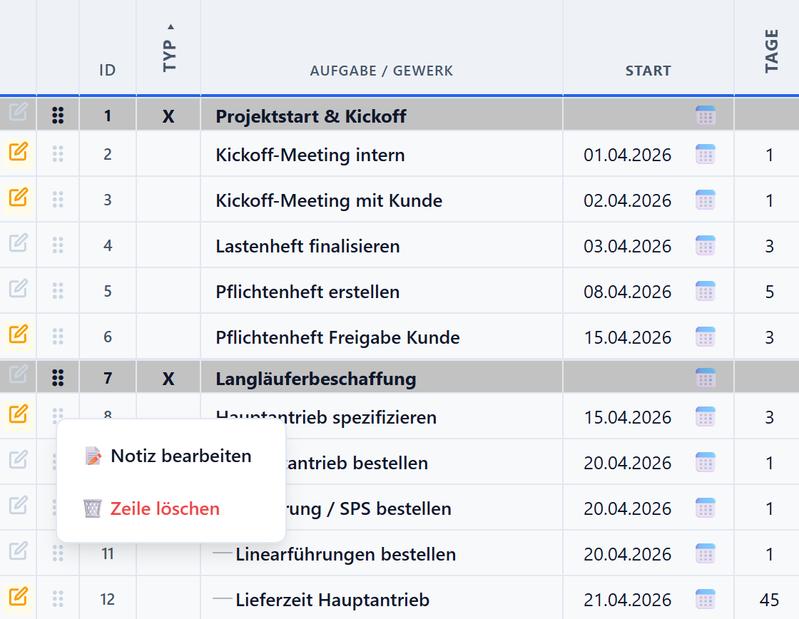 Kontextmenü mit Optionen (Einfügen, Löschen, Typ ändern etc.)