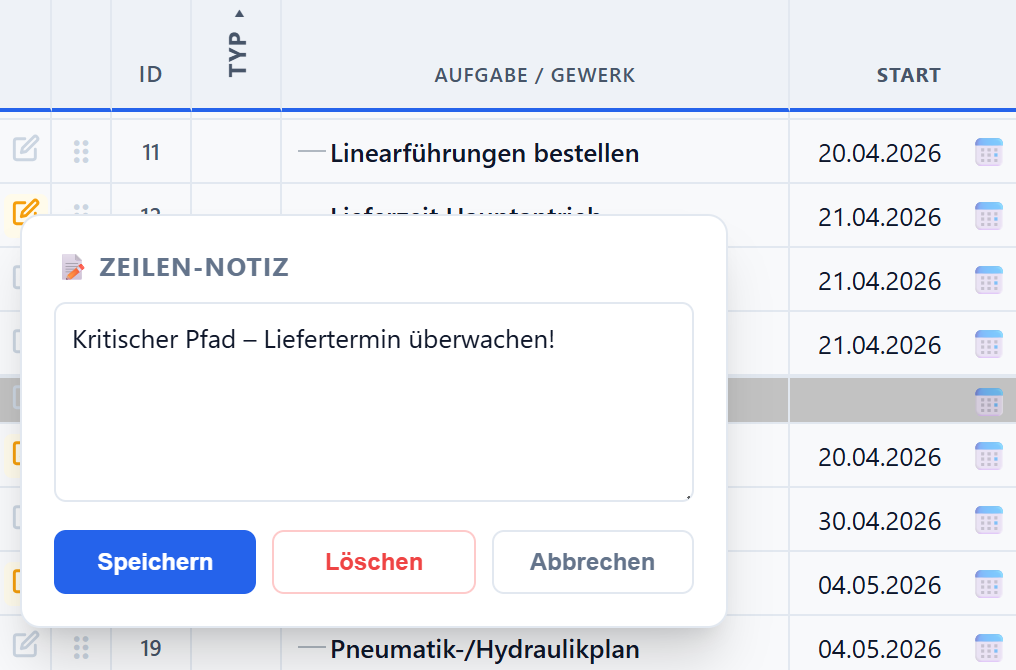 Notiz-Popup an einer Aufgabe