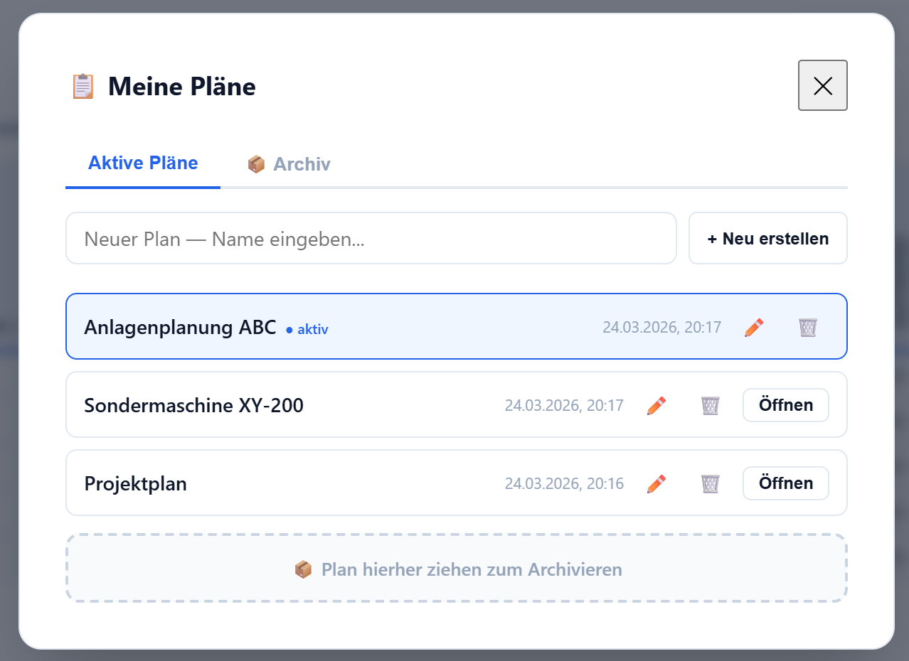 Pläne-Modal mit Liste der Pläne