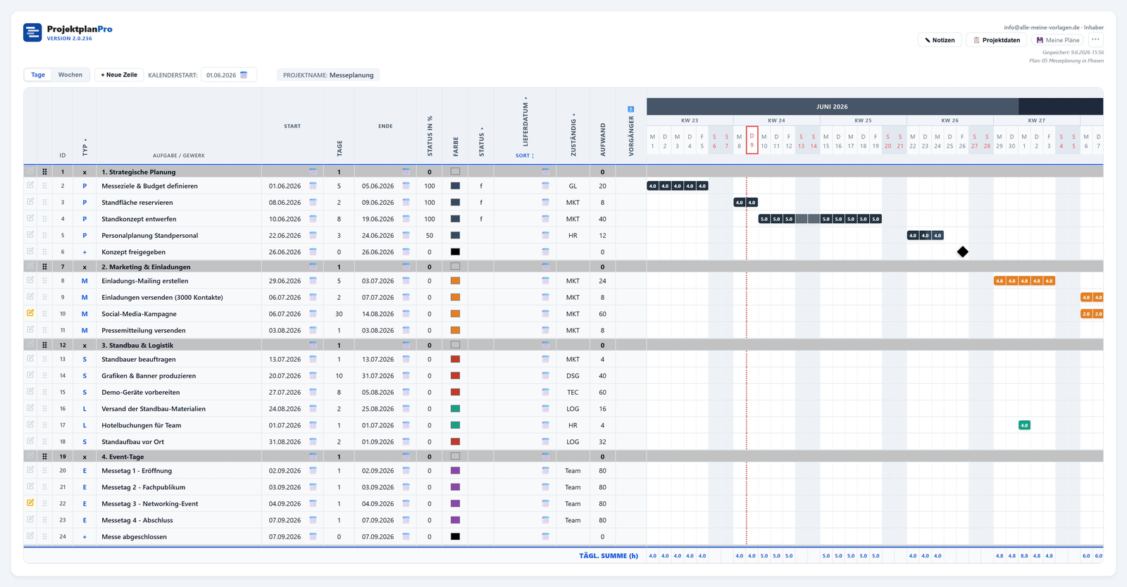 Screenshot: Events & Messen in ProjektplanPro