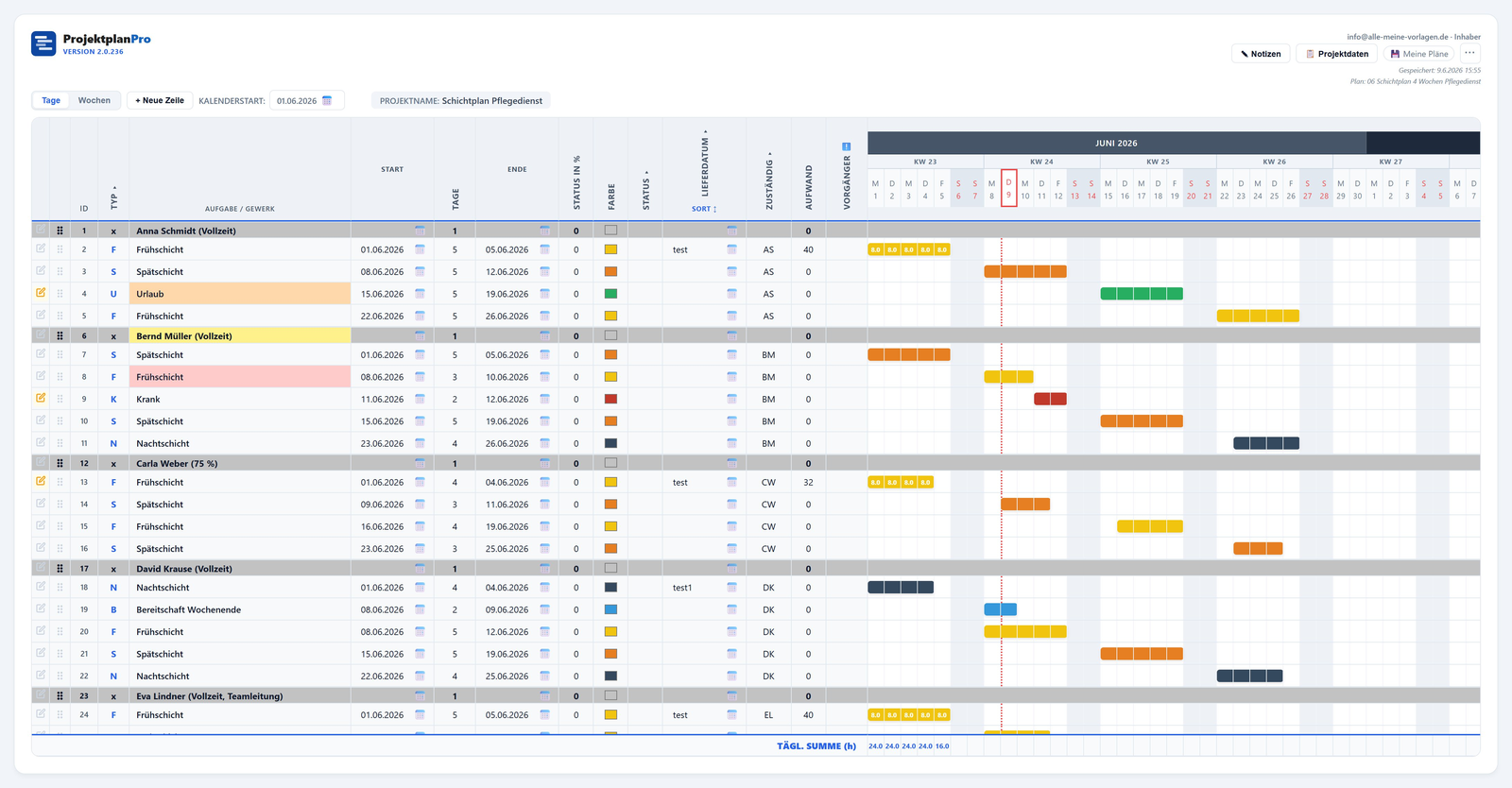 Screenshot: Schicht- und Personalplanung in ProjektplanPro