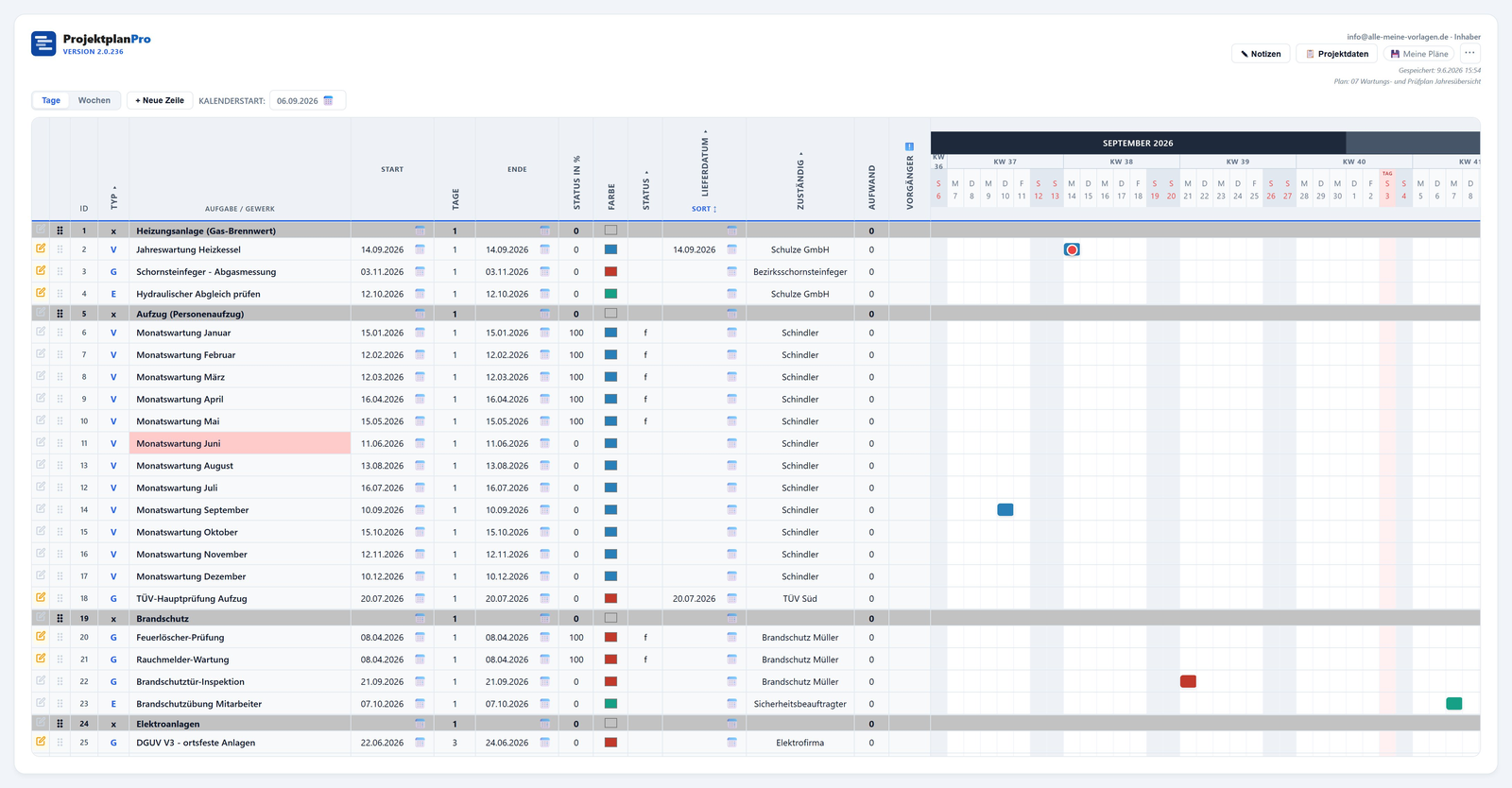 Screenshot: Wartung & Instandhaltung in ProjektplanPro